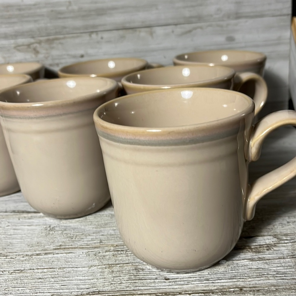 Set of 10 Noritake Mug Cup Stoneware Beige/Brown/Blue Trim Japan